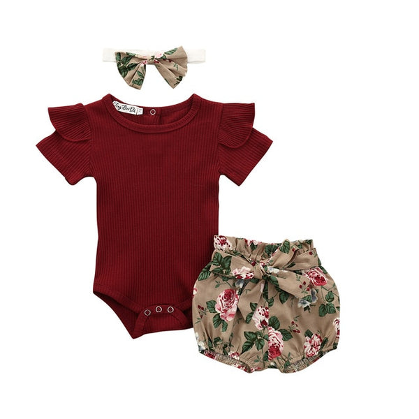 Summer Toddler Baby Boy Girls Clothes 3PCS Newborn Cotton Clothes Short  Sleeve Letter Romper+Floral Pants+Hat Outfit Set